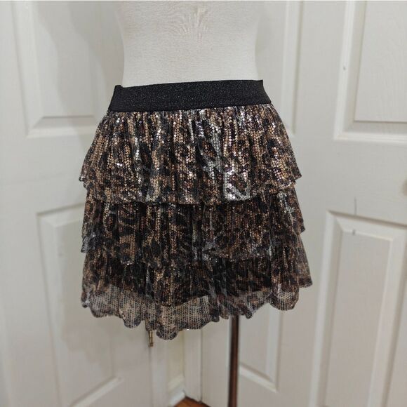 Leopard Print Sequins Sparkle Tiered Skirt - Picture 1 of 3